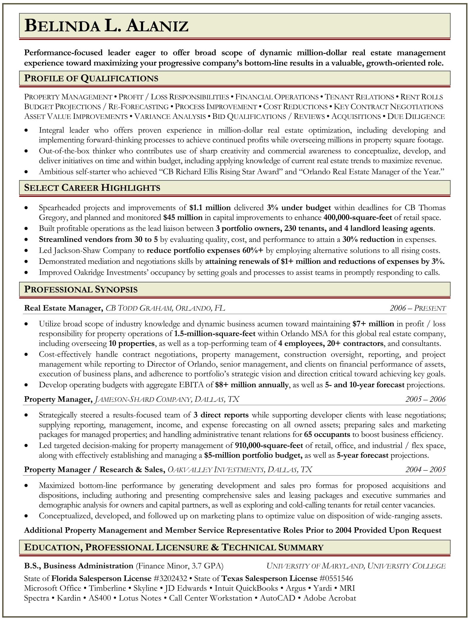 Sample Resume for Property Manager Ranked # 1