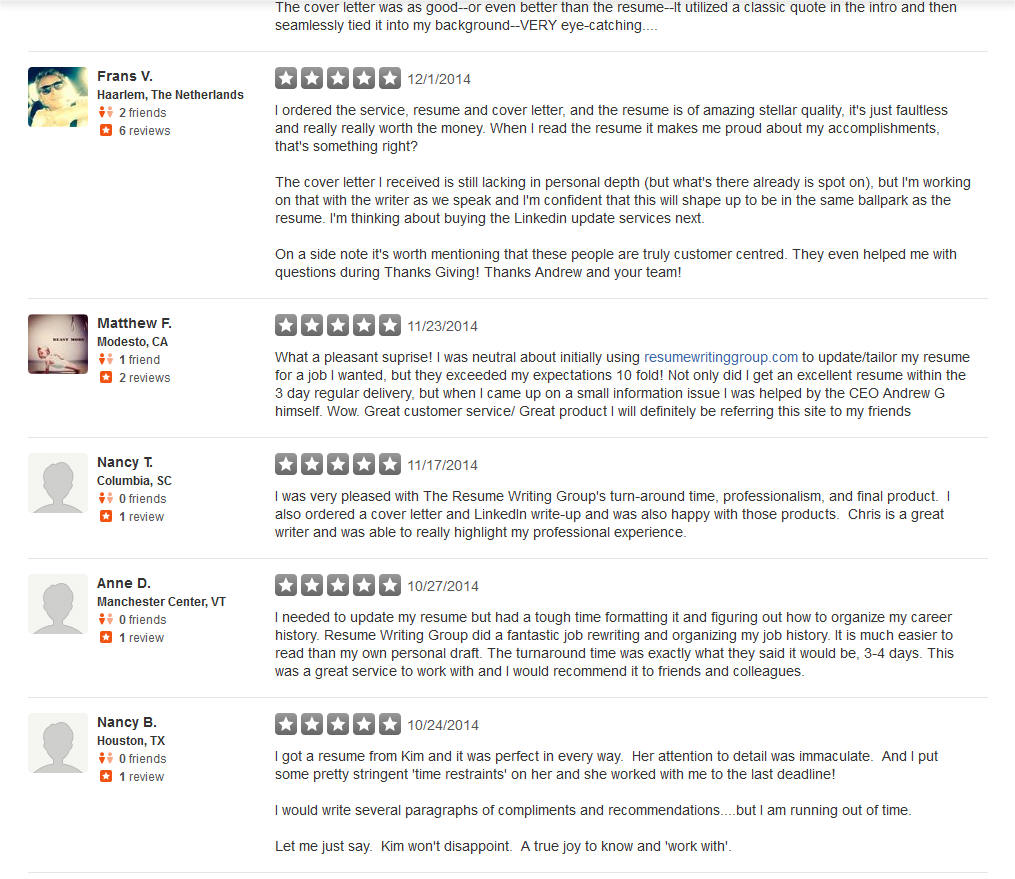 Five-Star Reviews for Resume Writing Group